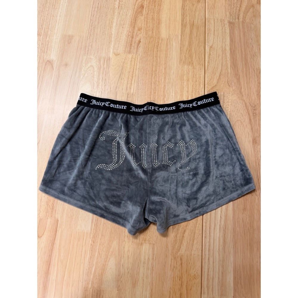 Juicy Couture Y2K Velour Rhinestone Logo Shorts Women's L Gray Cozy Lounge